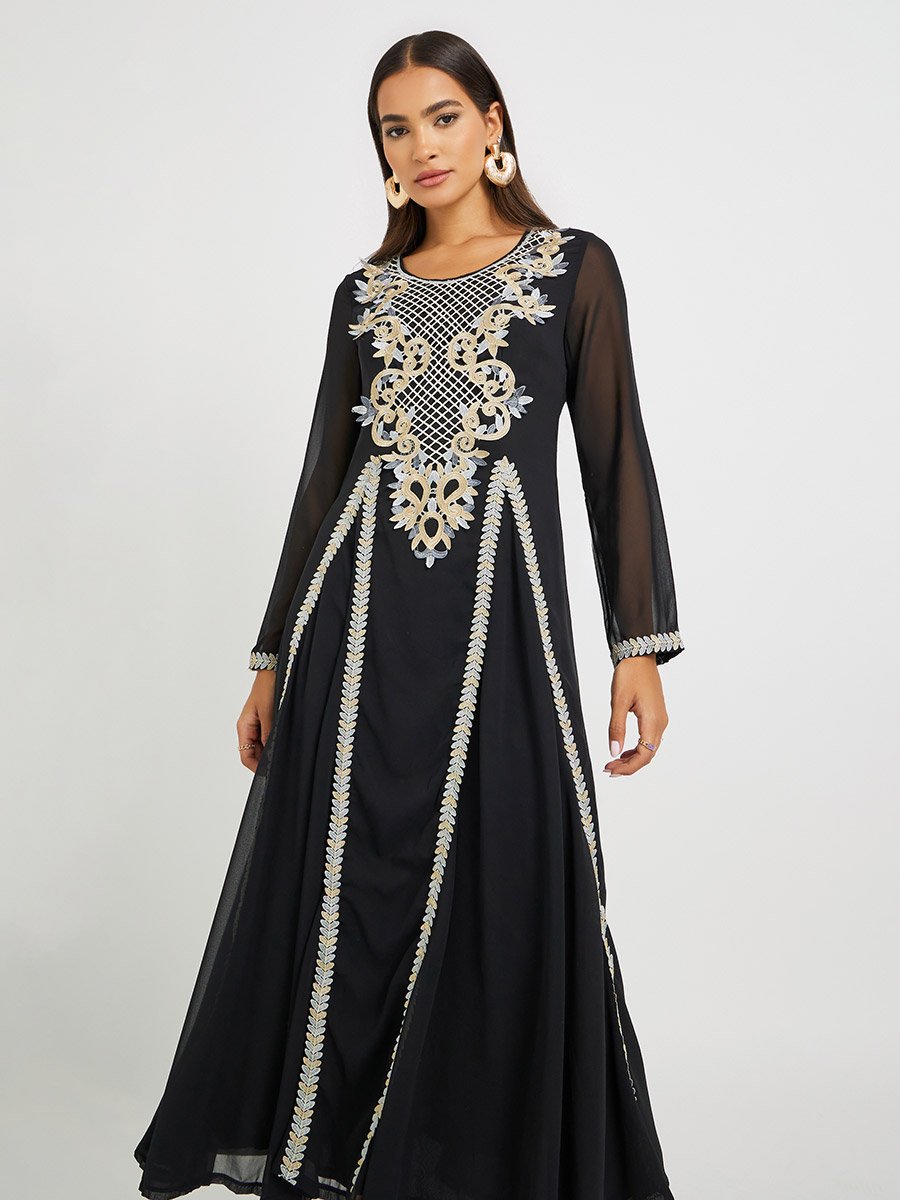 Embroidered Lace Detail Round Neck A-Line Jalabiya