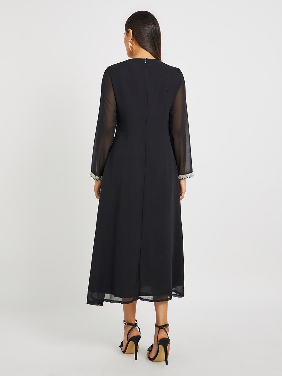 Embroidered Lace Detail Round Neck A-Line Jalabiya