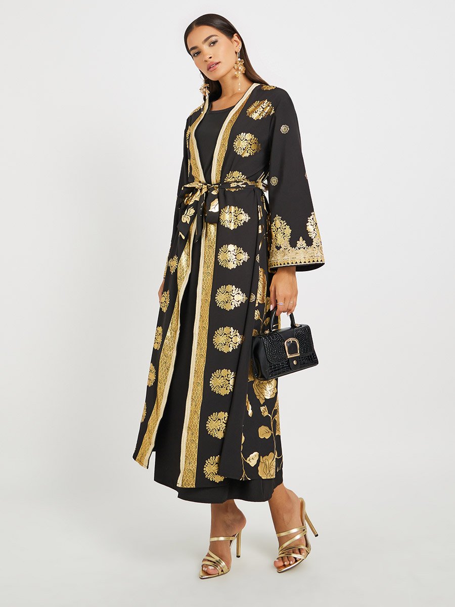Foil Printed Front Open Abaya and Inner Dress Set