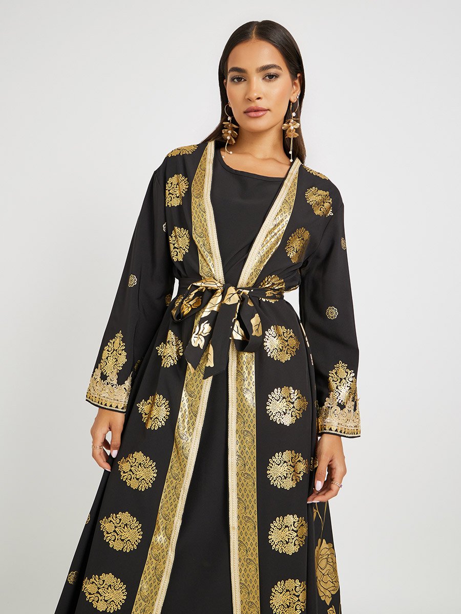 Foil Printed Front Open Abaya and Inner Dress Set