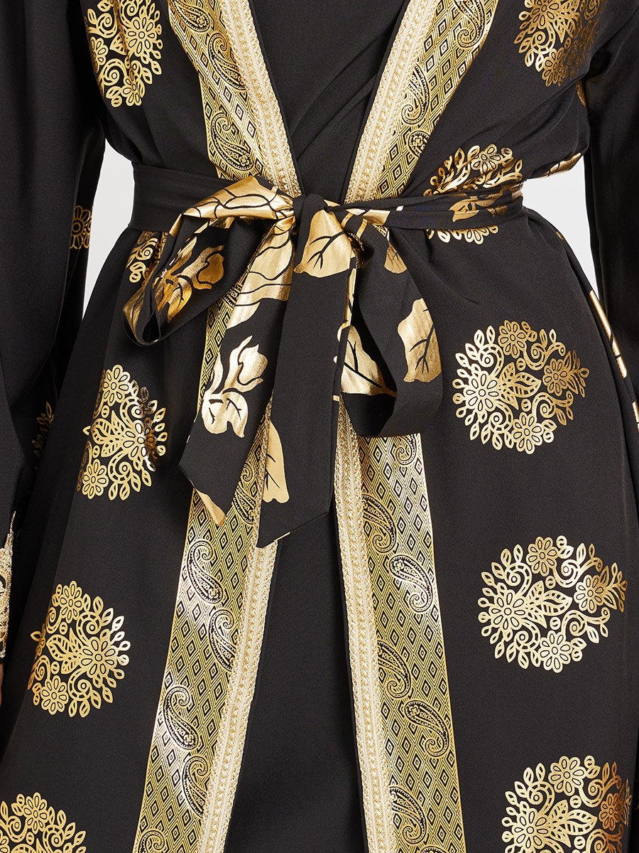 Foil Printed Front Open Abaya and Inner Dress Set