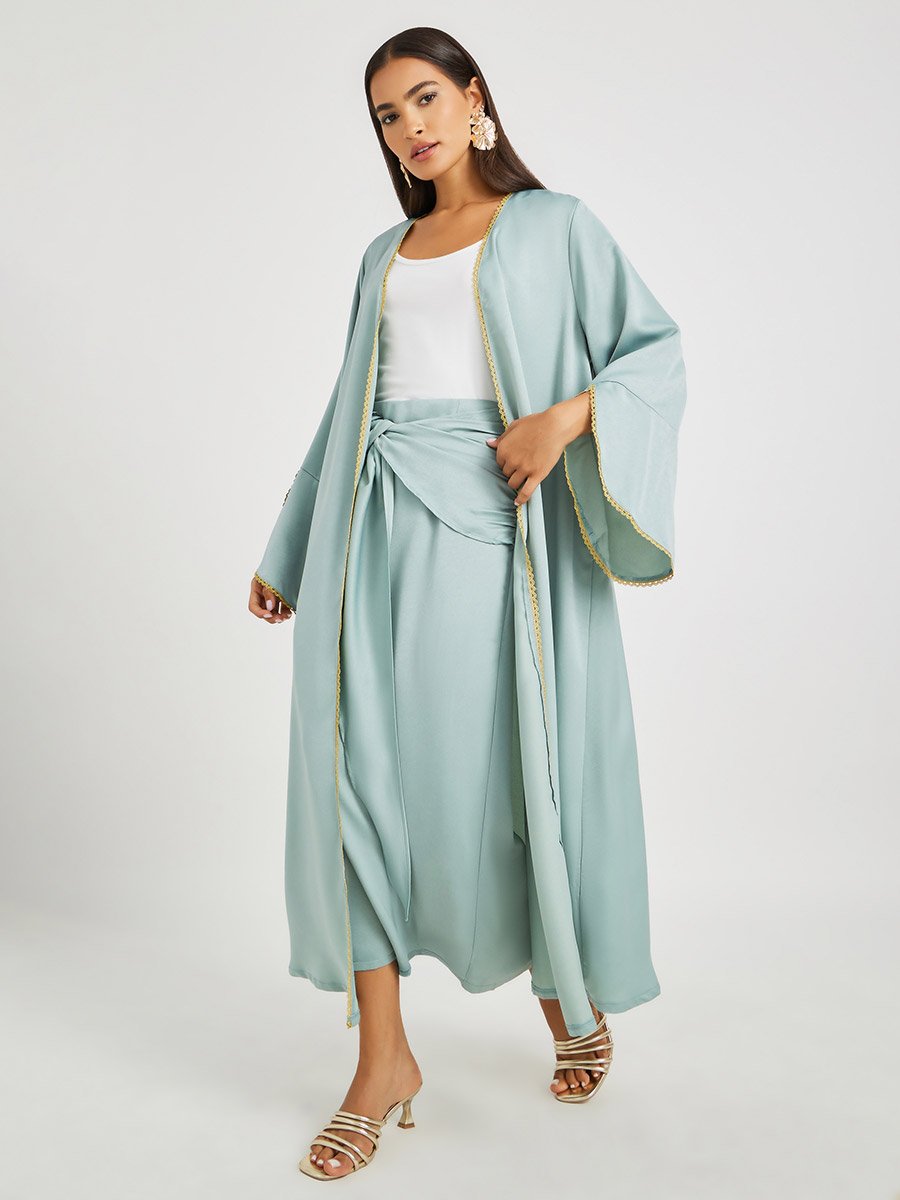Solid Bell Sleeve Open Front Abaya and Twisted Waist Skirt Set