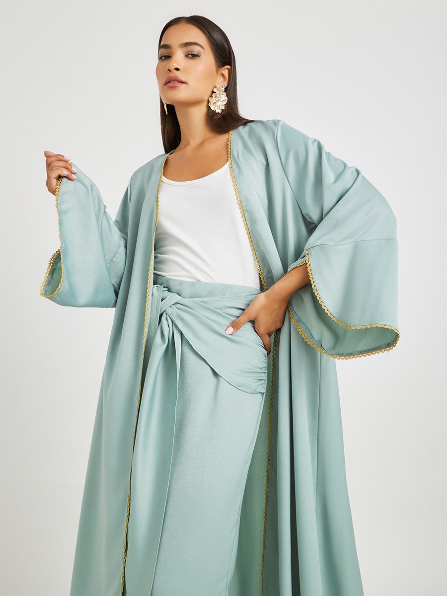 Solid Bell Sleeve Open Front Abaya and Twisted Waist Skirt Set