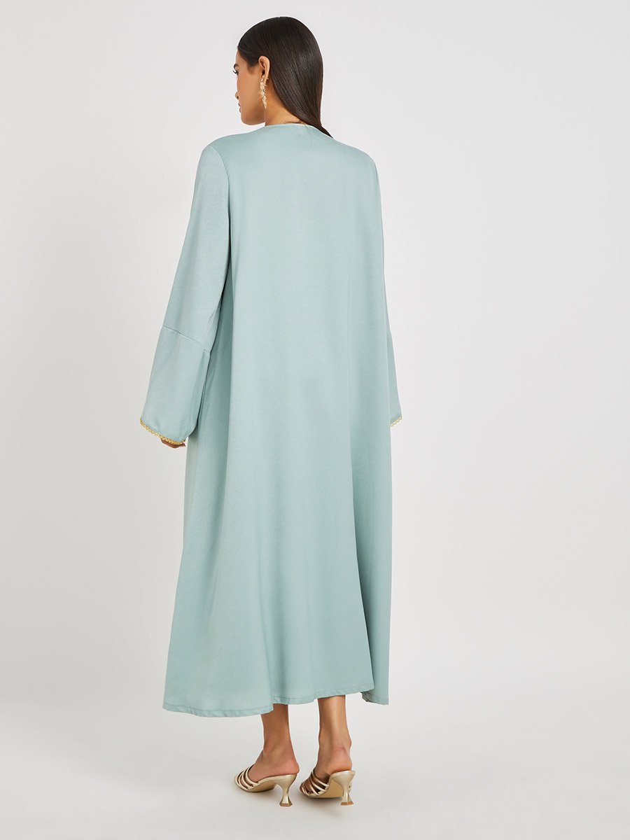 Solid Bell Sleeve Open Front Abaya and Twisted Waist Skirt Set