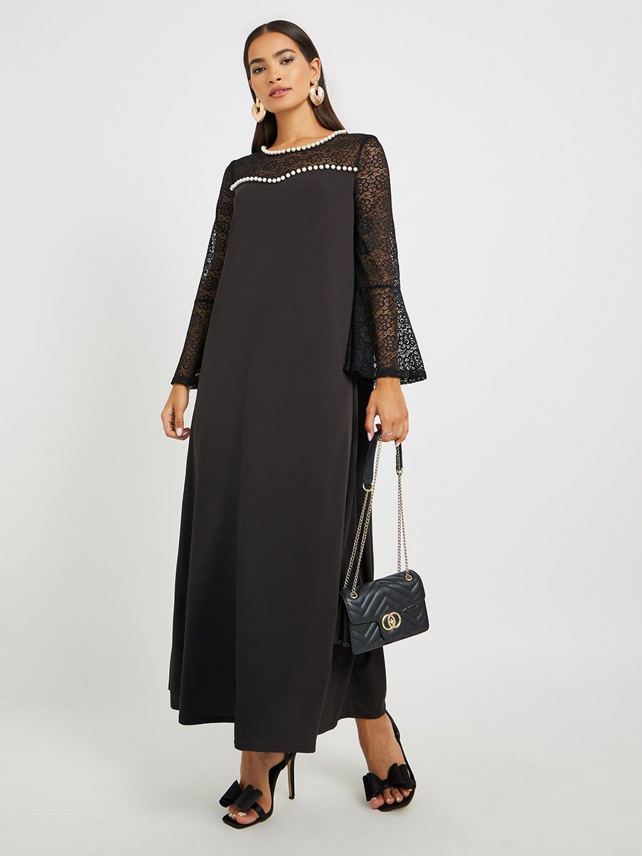 Embellished Lace Patchwork Long Sleeve A-Line Jalabiya