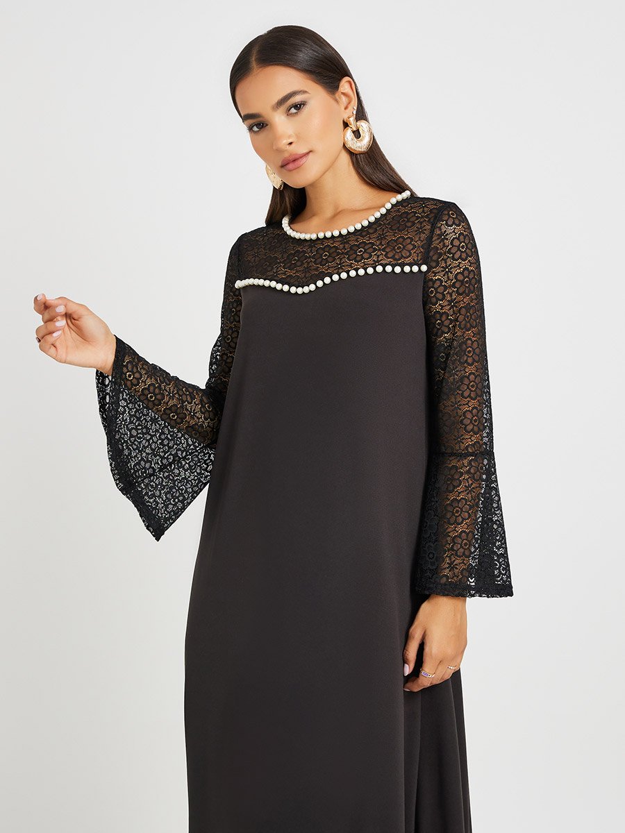 Embellished Lace Patchwork Long Sleeve A-Line Jalabiya