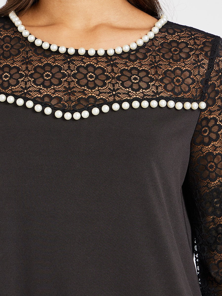 Embellished Lace Patchwork Long Sleeve A-Line Jalabiya