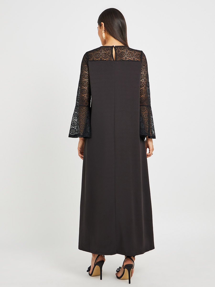 Embellished Lace Patchwork Long Sleeve A-Line Jalabiya