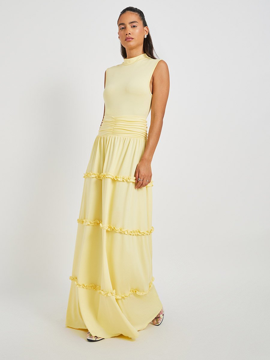 Yellow Solid Sleeveless Ruched Detail Tiered Maxi Dress