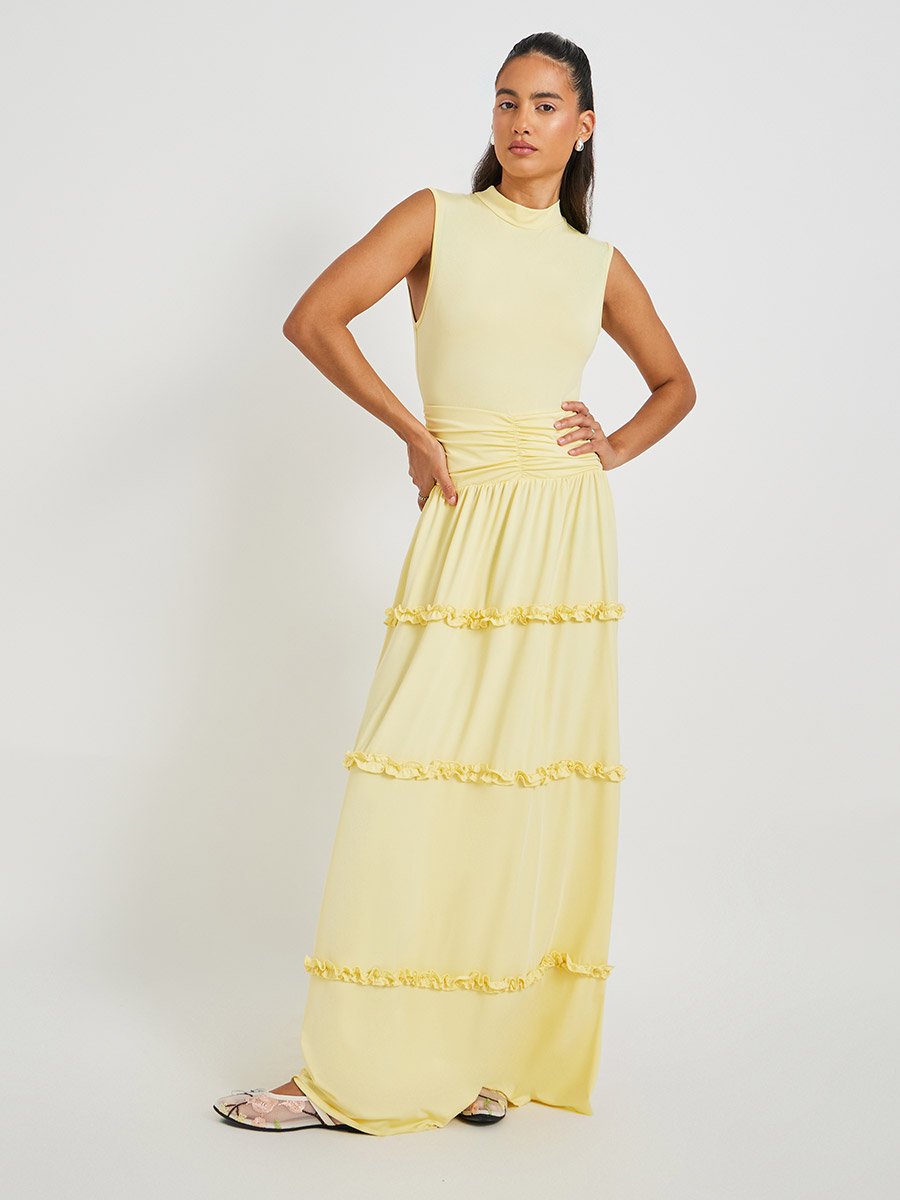 Yellow Solid Sleeveless Ruched Detail Tiered Maxi Dress