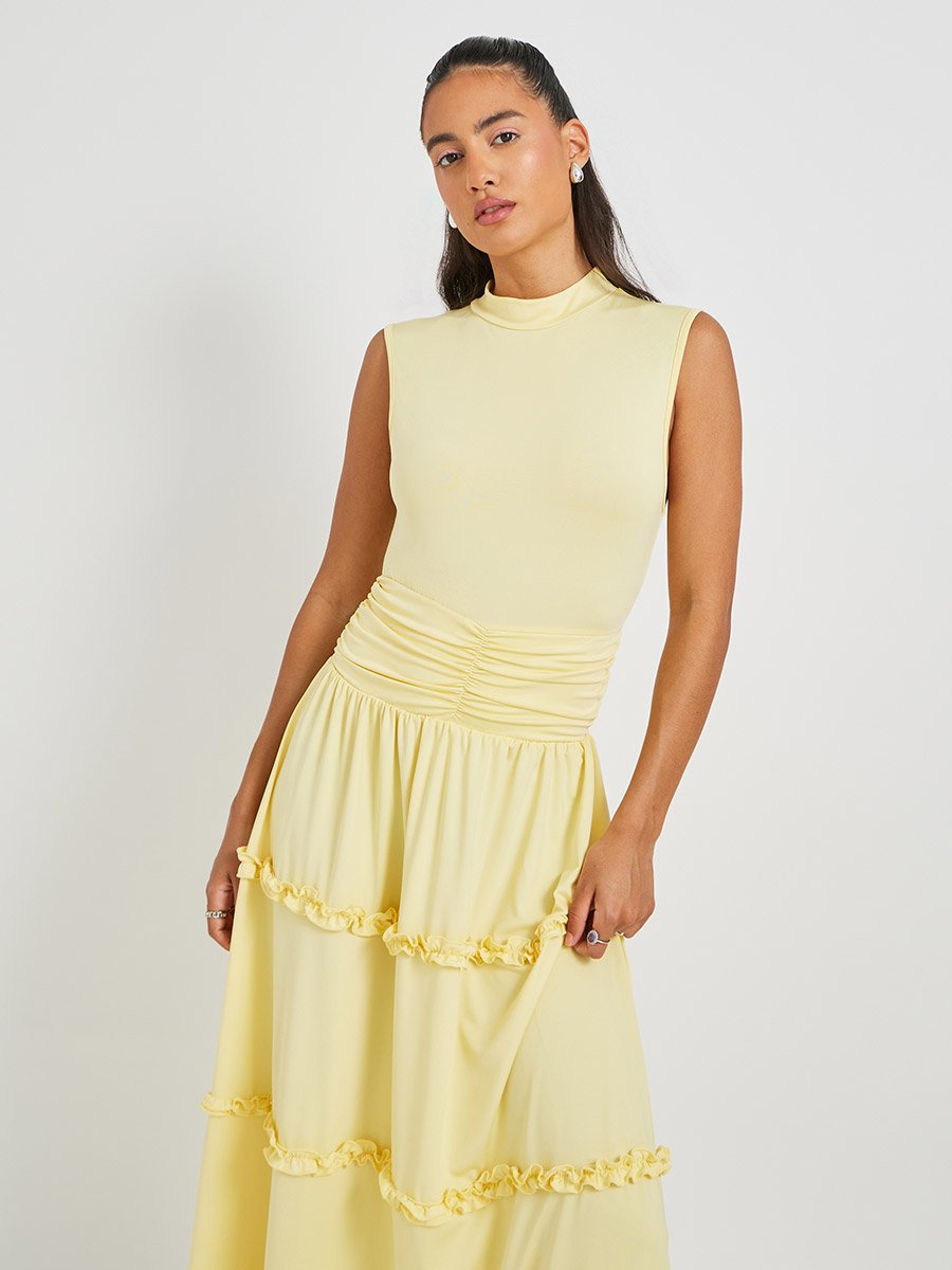 Yellow Solid Sleeveless Ruched Detail Tiered Maxi Dress For Women at Kuwait  | Styli