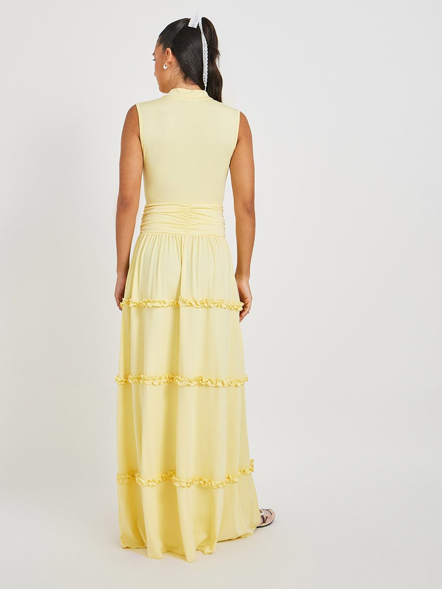 Yellow Solid Sleeveless Ruched Detail Tiered Maxi Dress