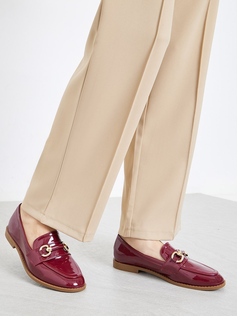Burgundy Patent Buckle Trim Loafers