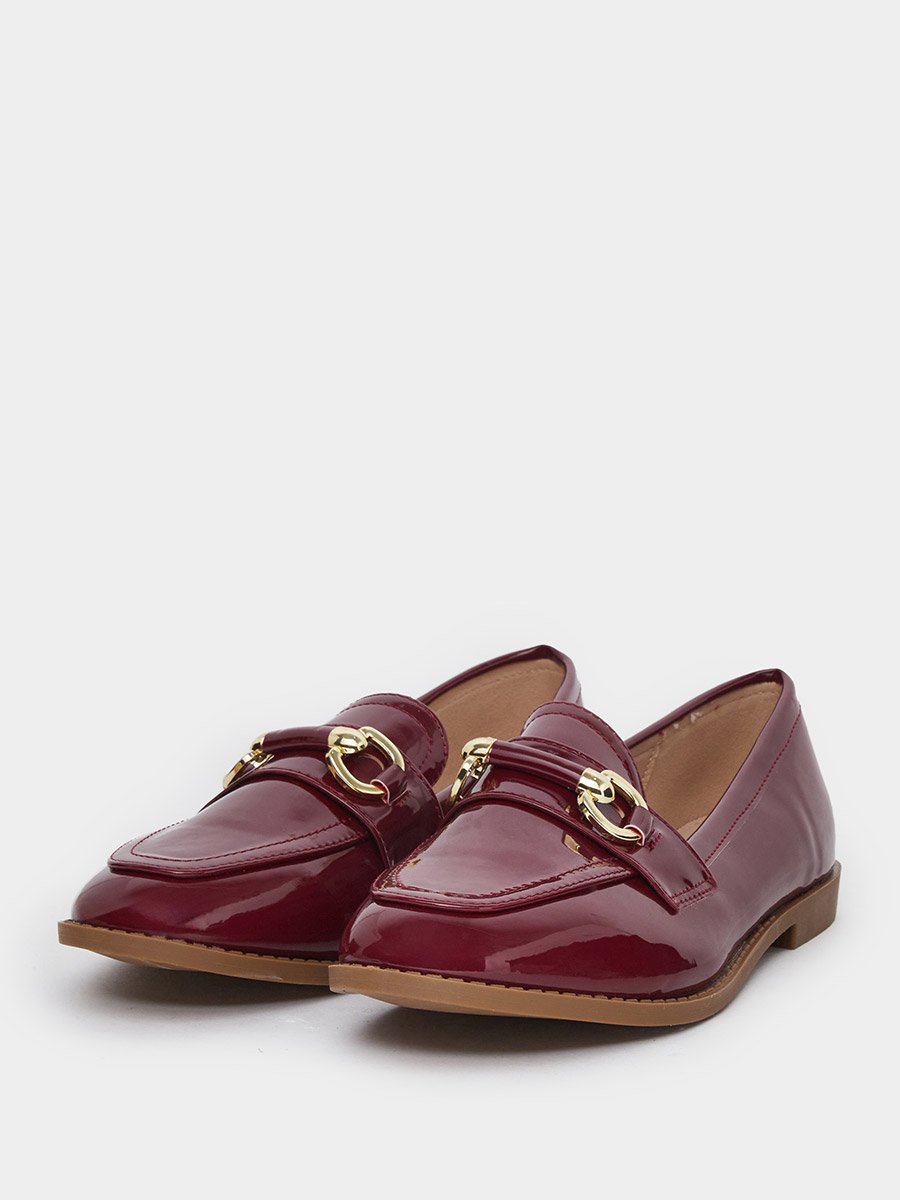 Burgundy Patent Buckle Trim Loafers