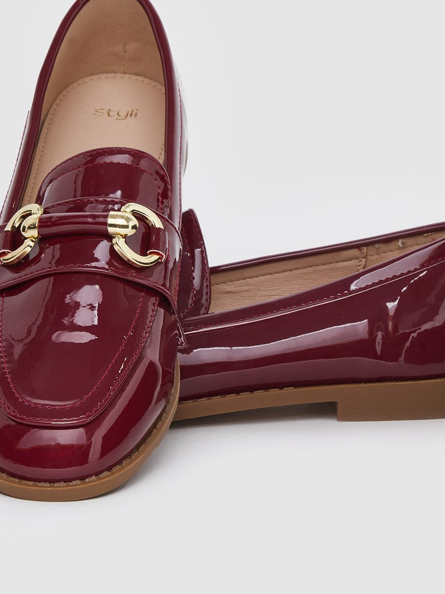 Burgundy Patent Buckle Trim Loafers