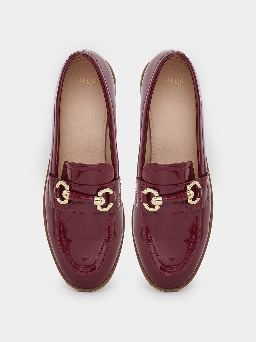 Burgundy Patent Buckle Trim Loafers