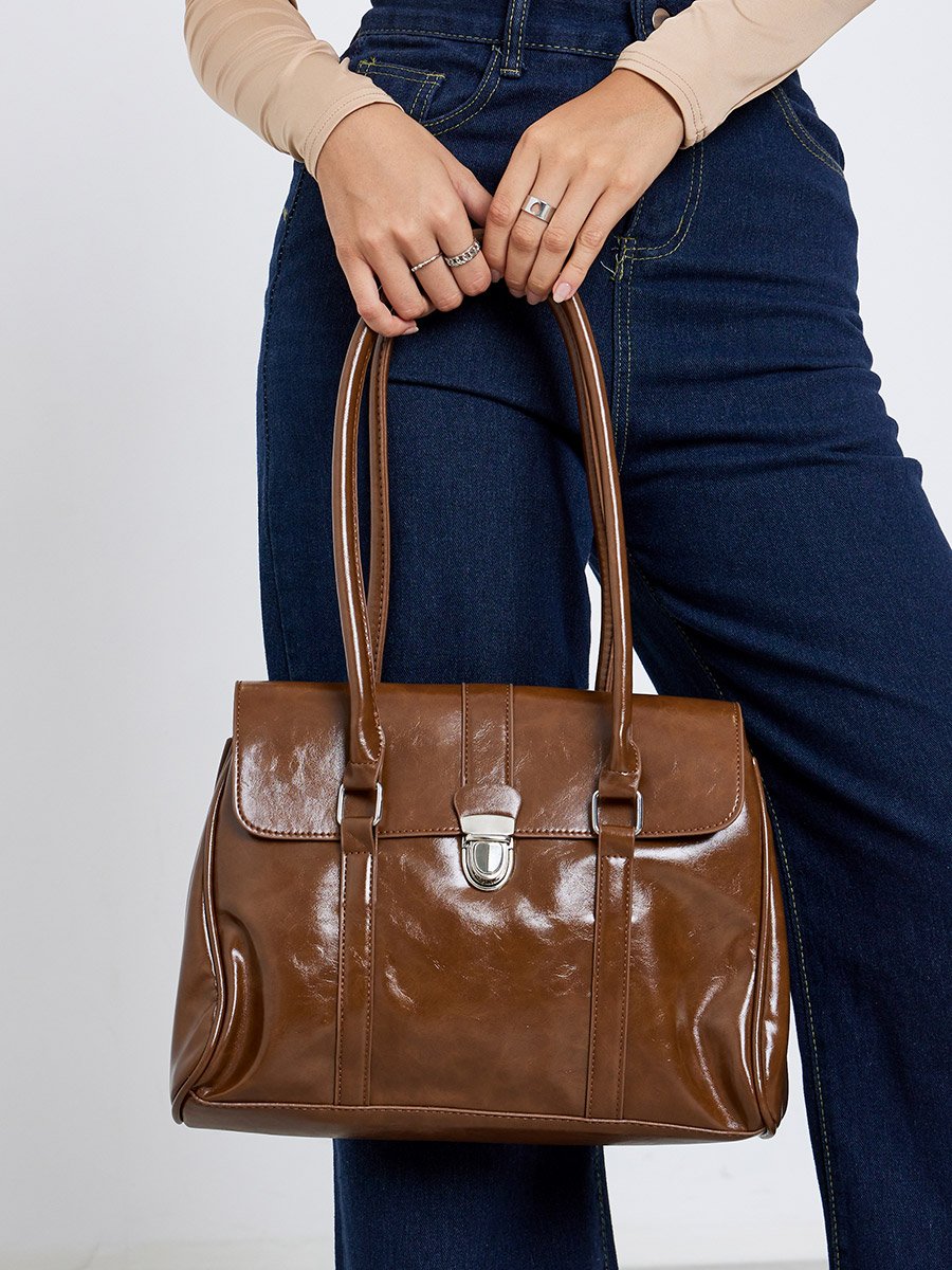 Plain Push Lock Handbag with Double Handle