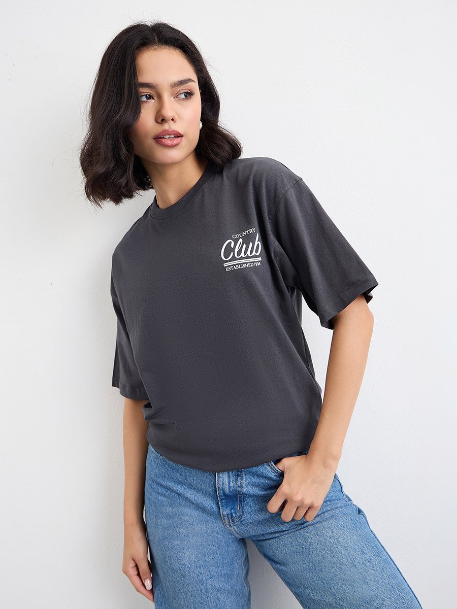 Slogan Print Oversized 100% Cotton T-Shirt