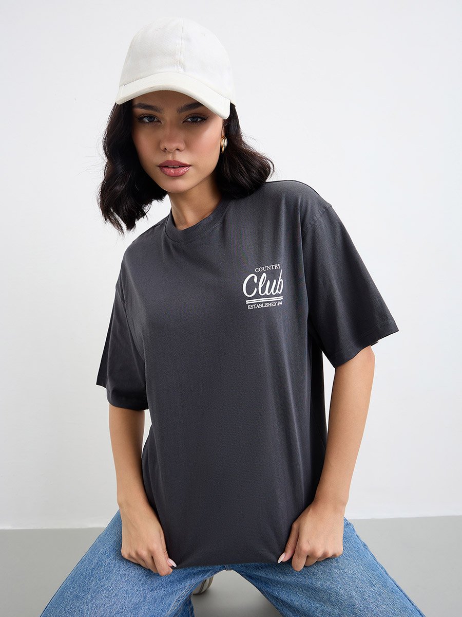 Slogan Print Oversized 100% Cotton T-Shirt