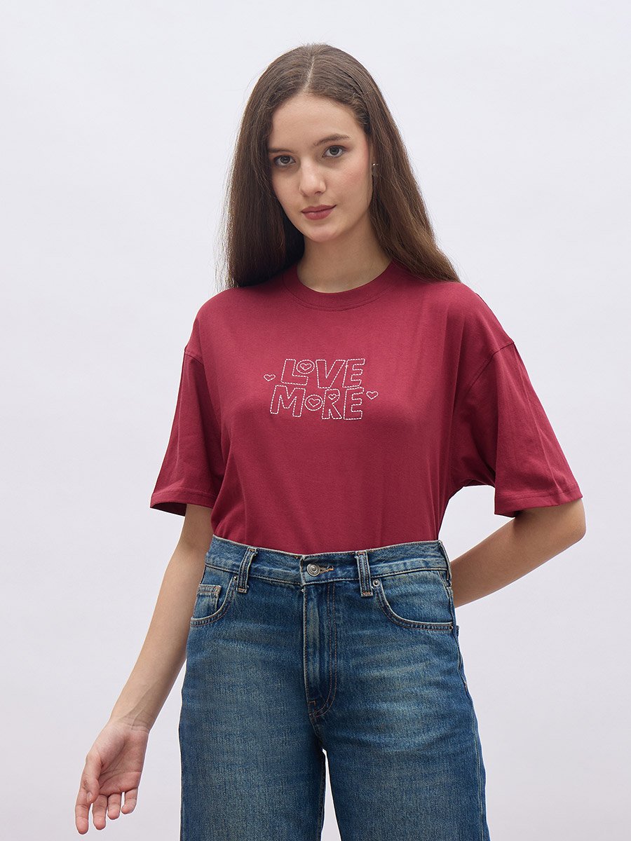Red Embroidered Oversized T-Shirt