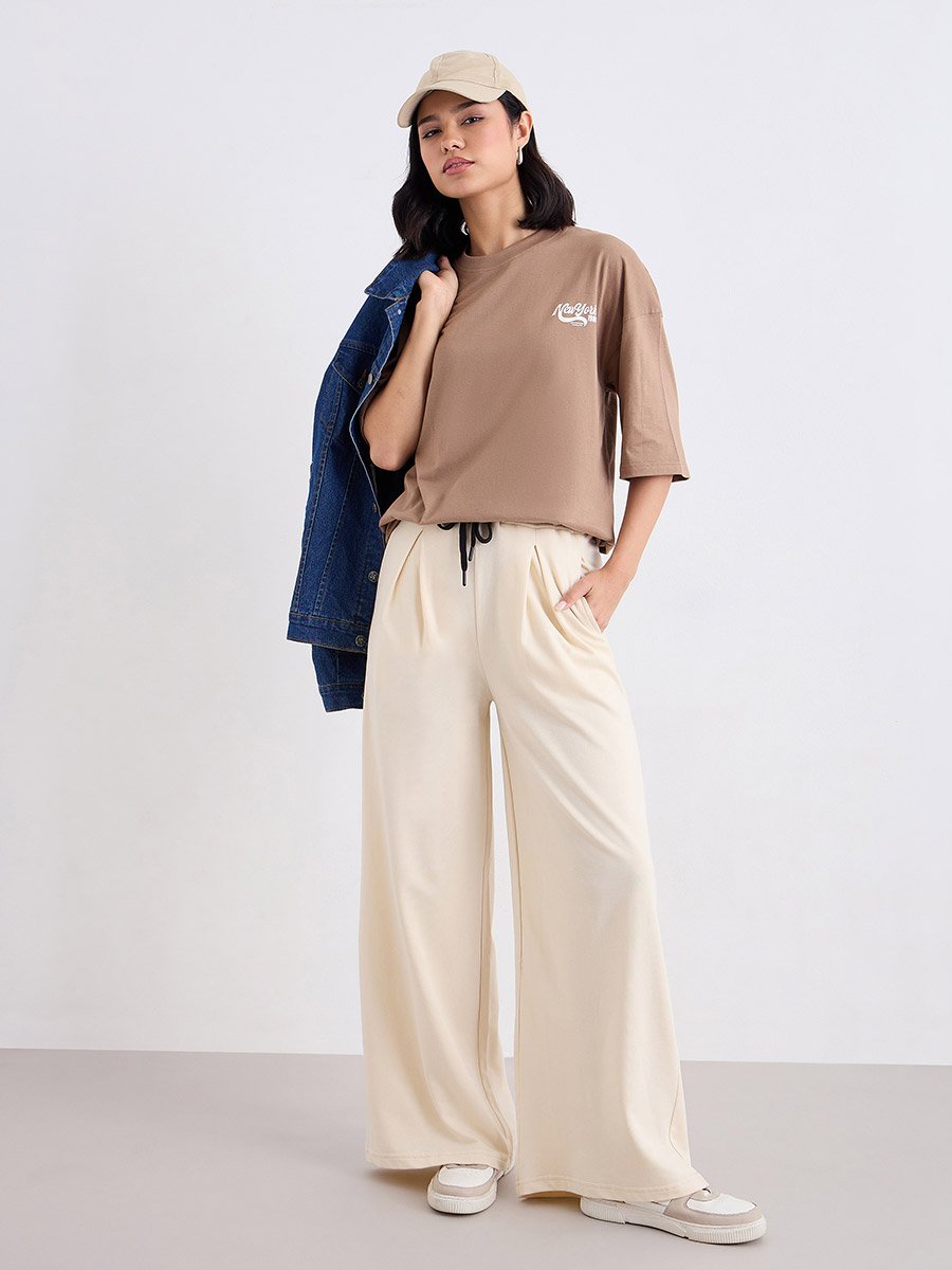 Brown Slogan Print Oversized 100% Cotton T-Shirt