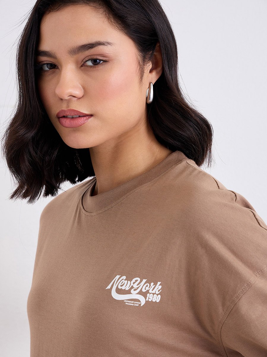 Brown Slogan Print Oversized 100% Cotton T-Shirt