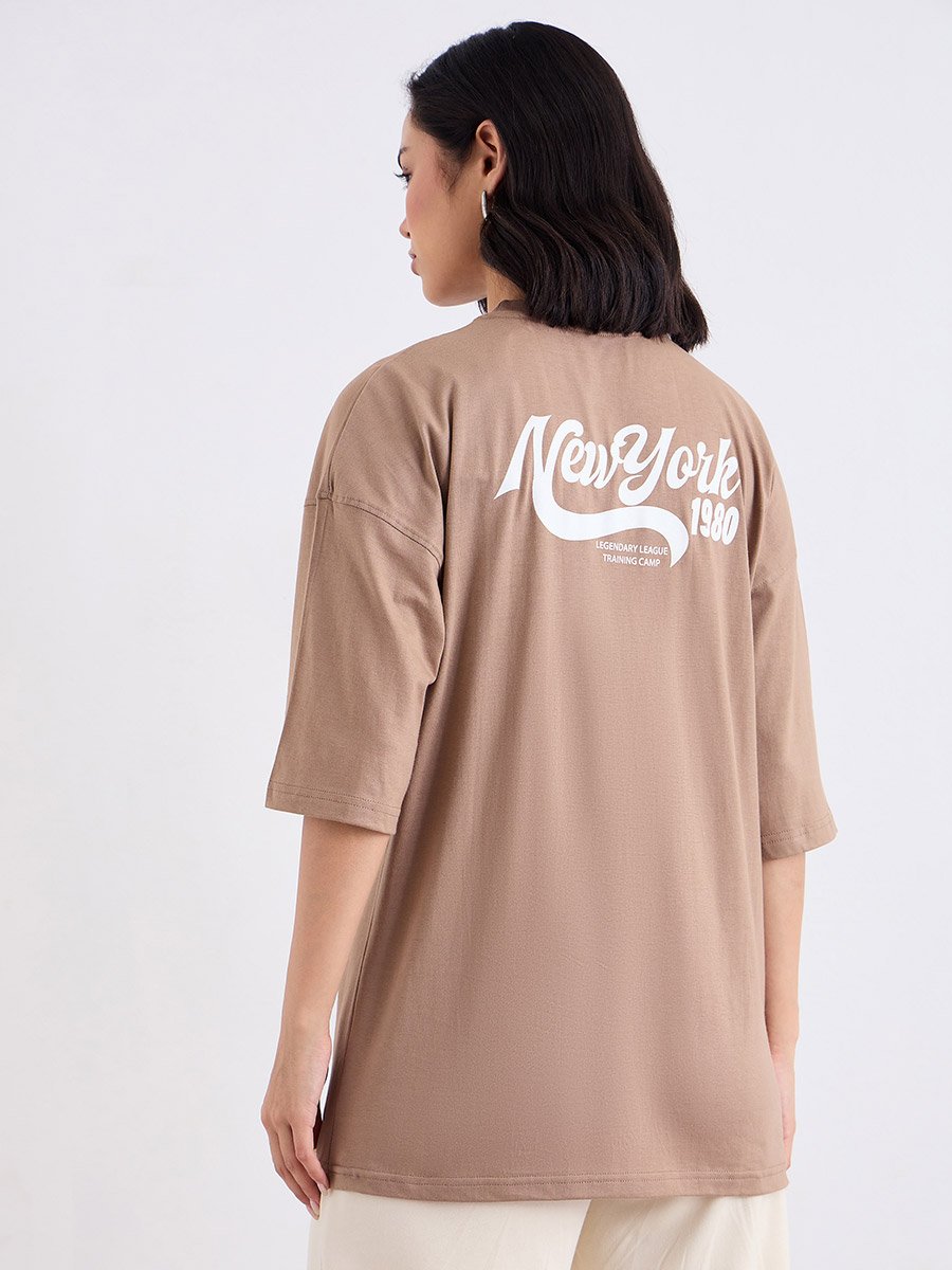 Brown Slogan Print Oversized 100% Cotton T-Shirt