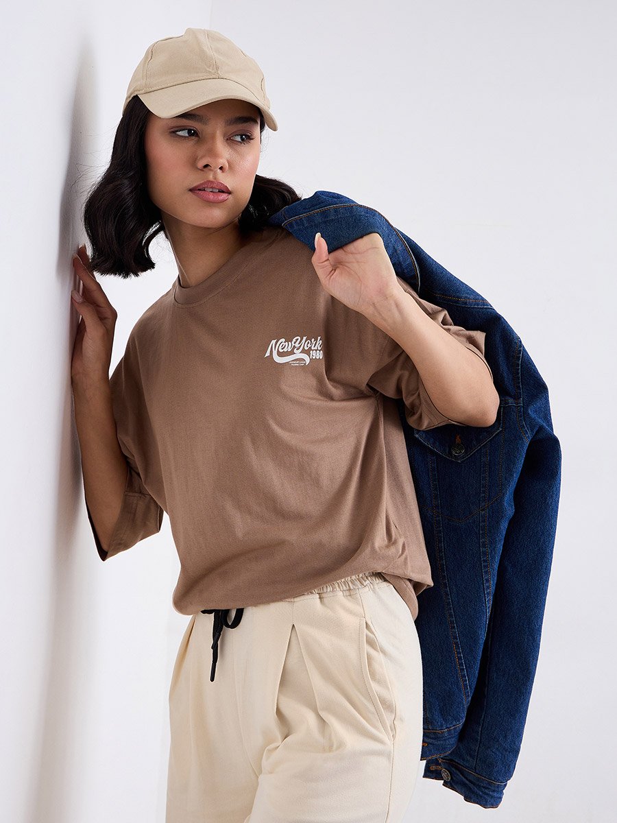 Brown Slogan Print Oversized 100% Cotton T-Shirt