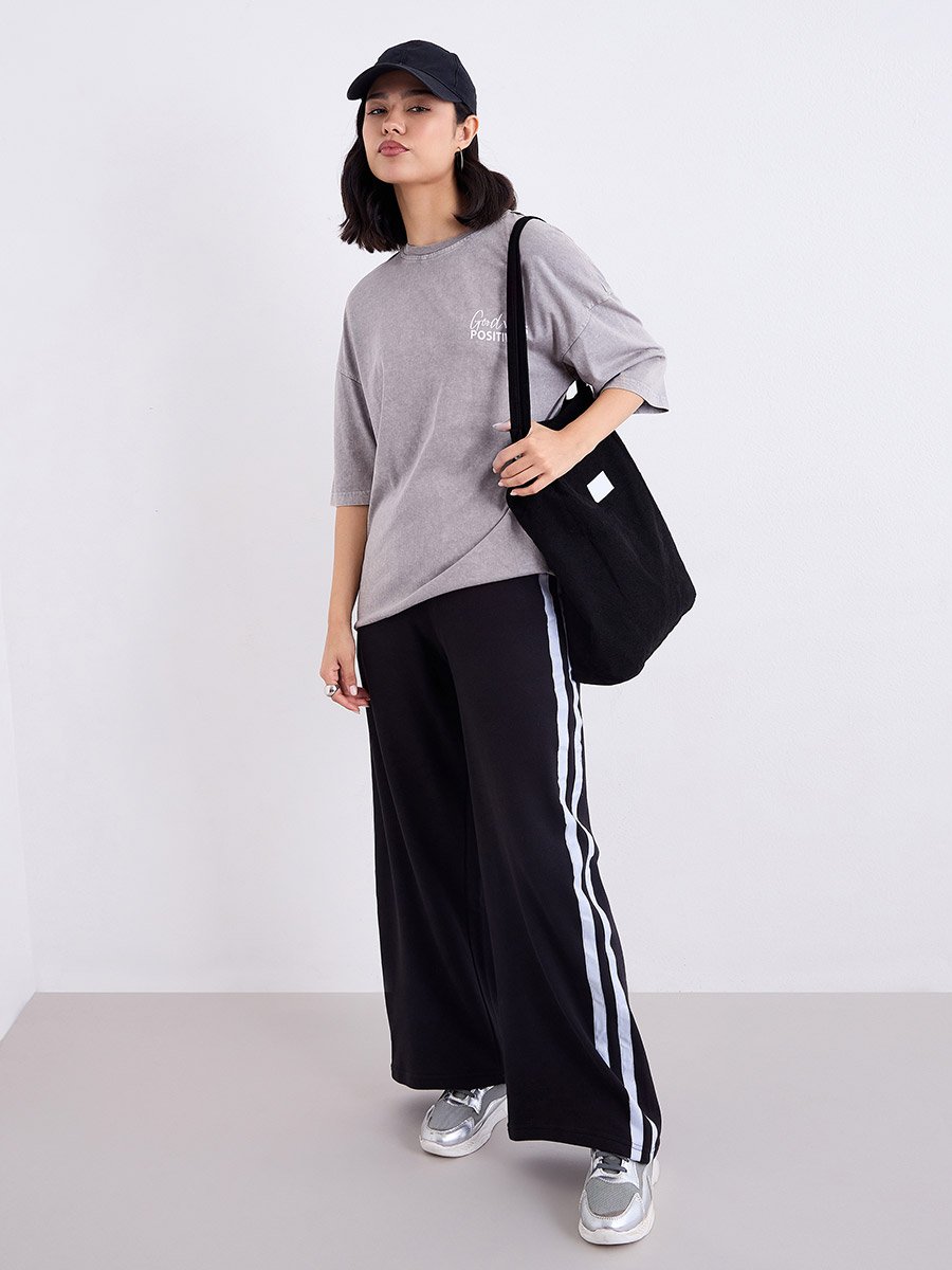Grey Oversized Slogan Acid Wash 100% Cotton T-Shirt