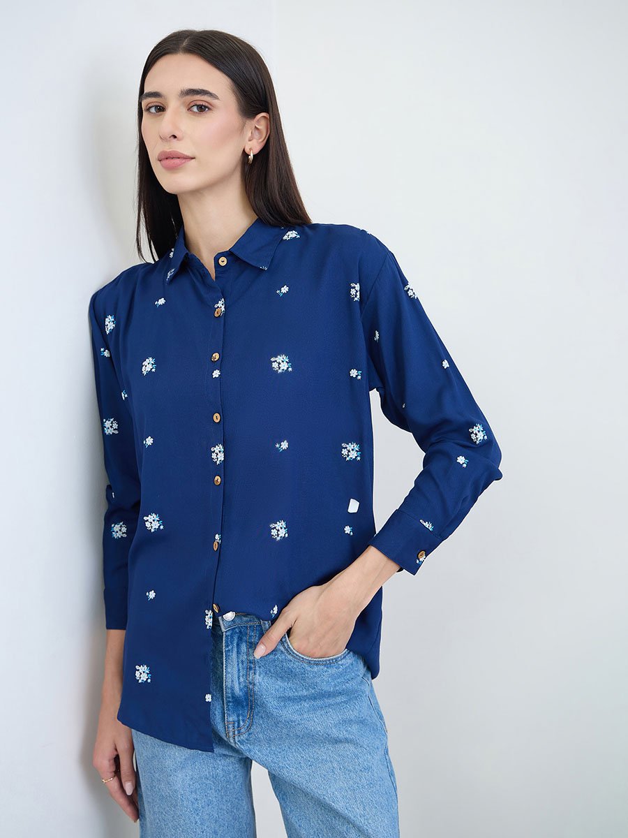 Navy Blue Embroidered Spread Collar Shirt