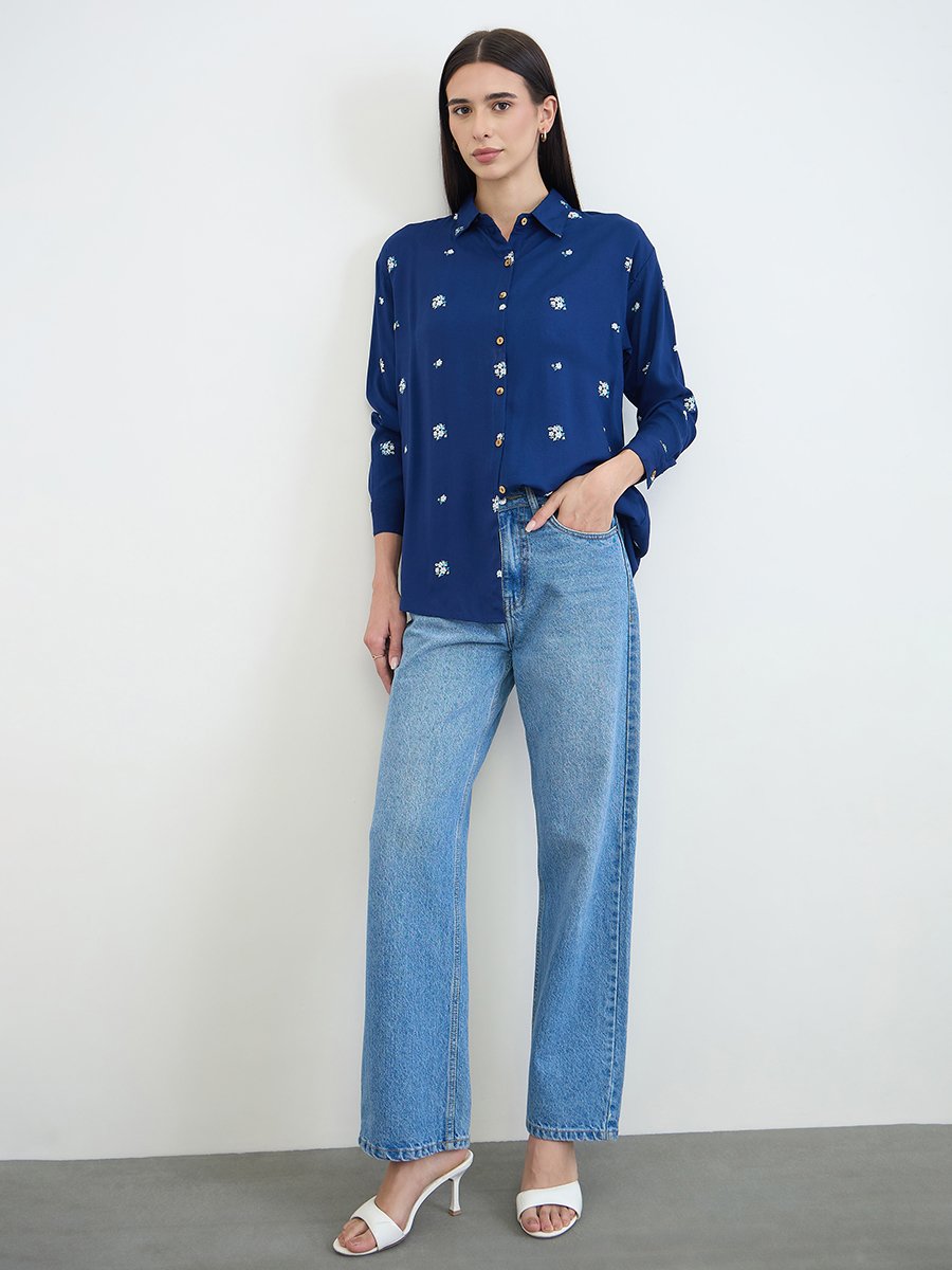 Navy Blue Embroidered Spread Collar Shirt