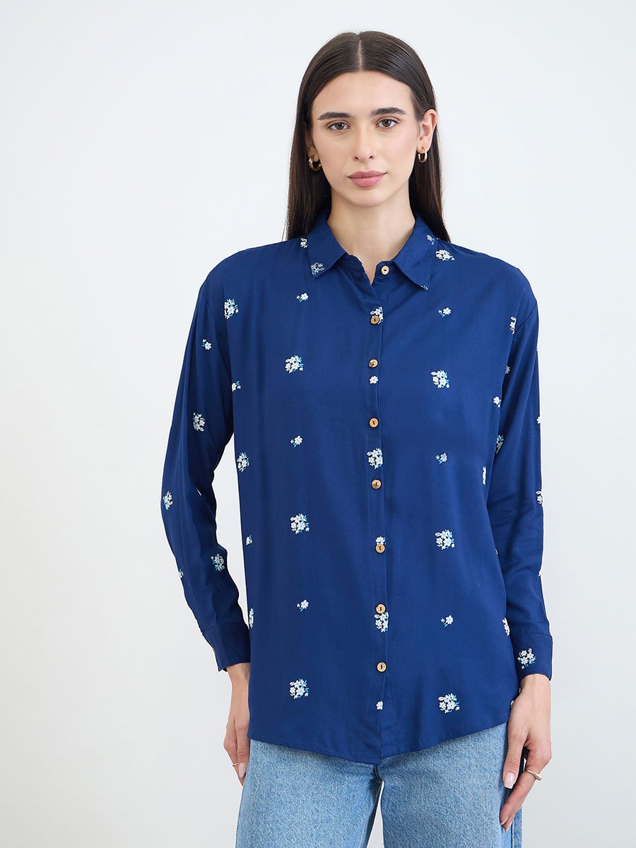 Navy Blue Embroidered Spread Collar Shirt