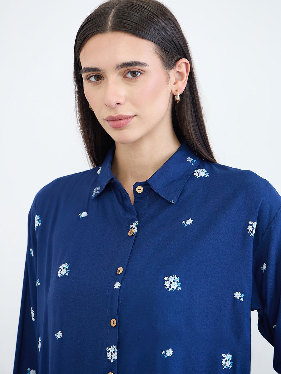 Navy Blue Embroidered Spread Collar Shirt