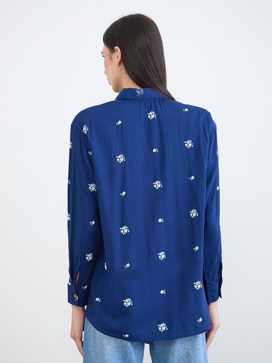 Navy Blue Embroidered Spread Collar Shirt