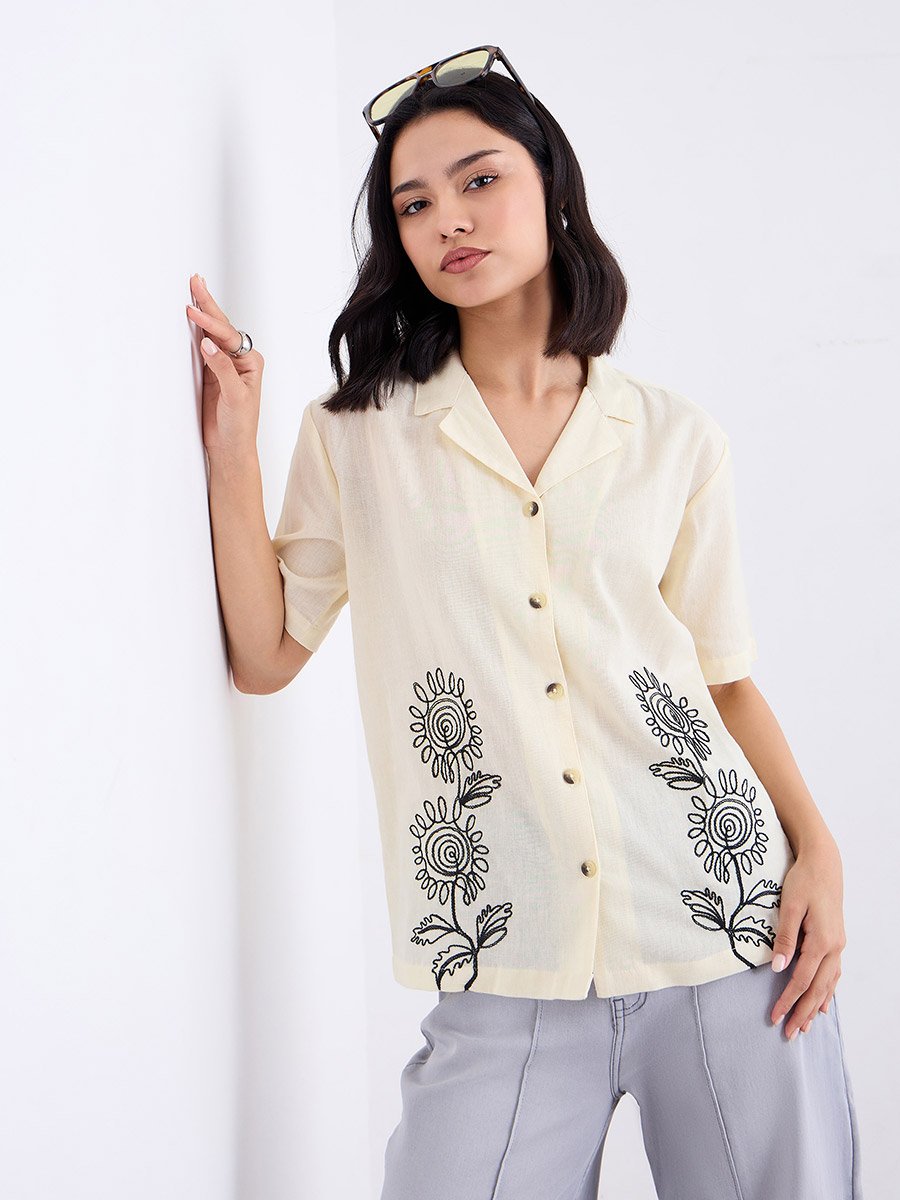 Women Embroidered Panel Longline Shirt