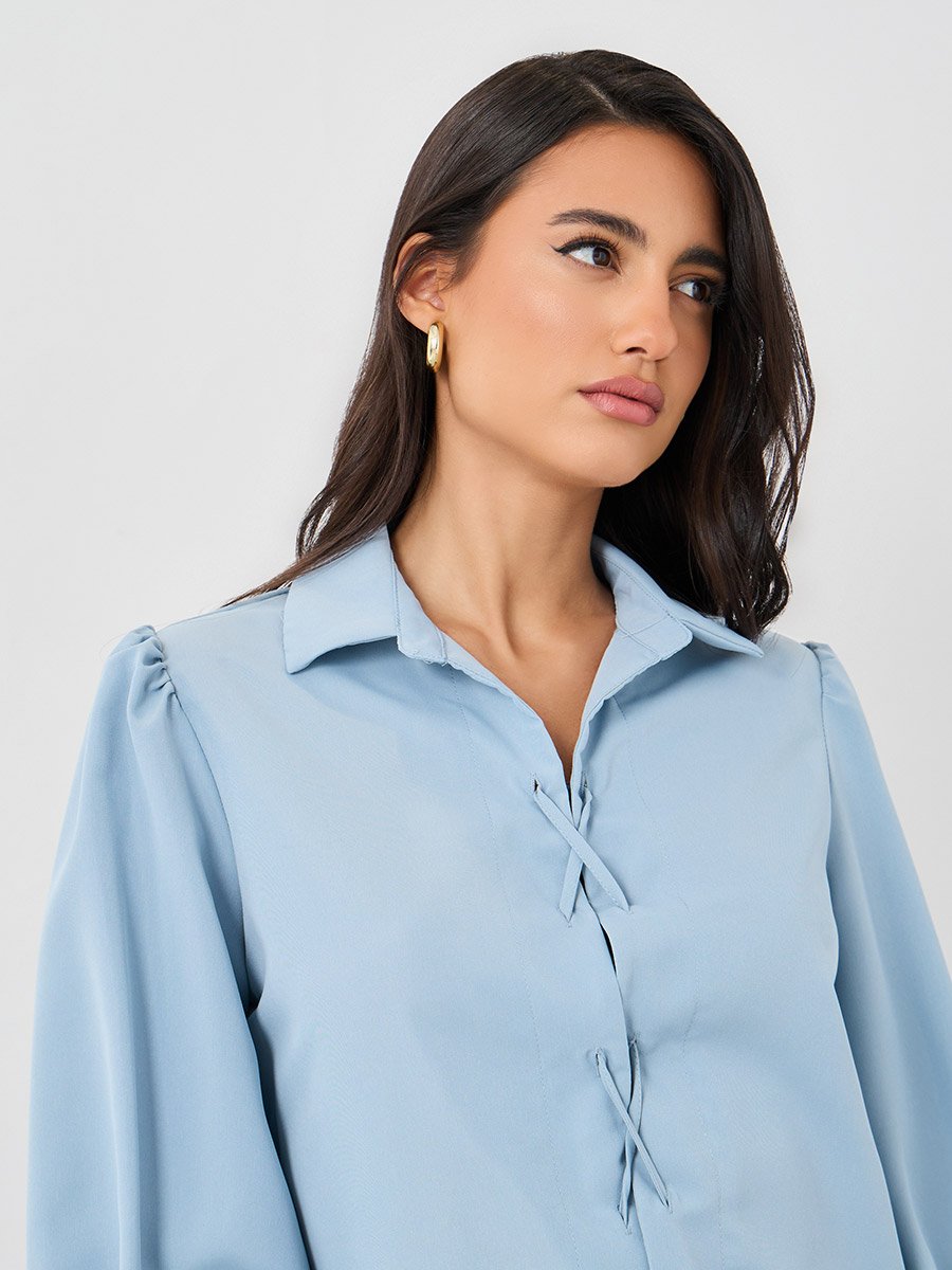 Solid Balloon Sleeve Front Tie-Up Detail Shirt