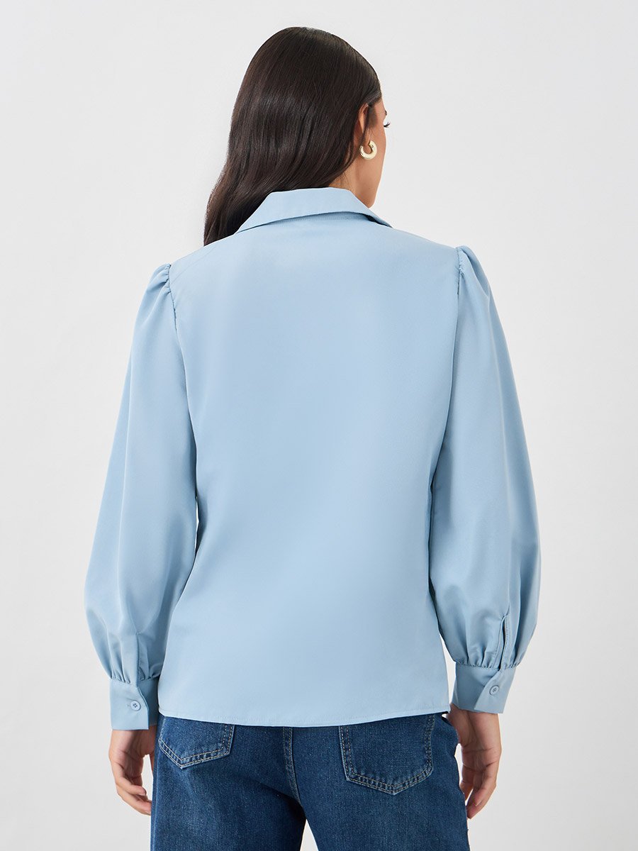Solid Balloon Sleeve Front Tie-Up Detail Shirt