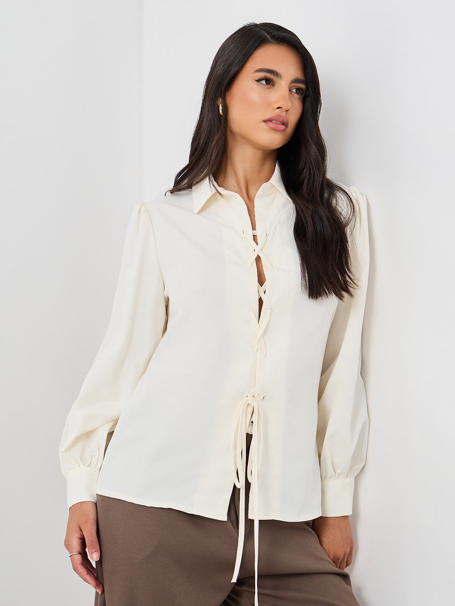 Solid Balloon Sleeve Front Tie-Up Detail Shirt