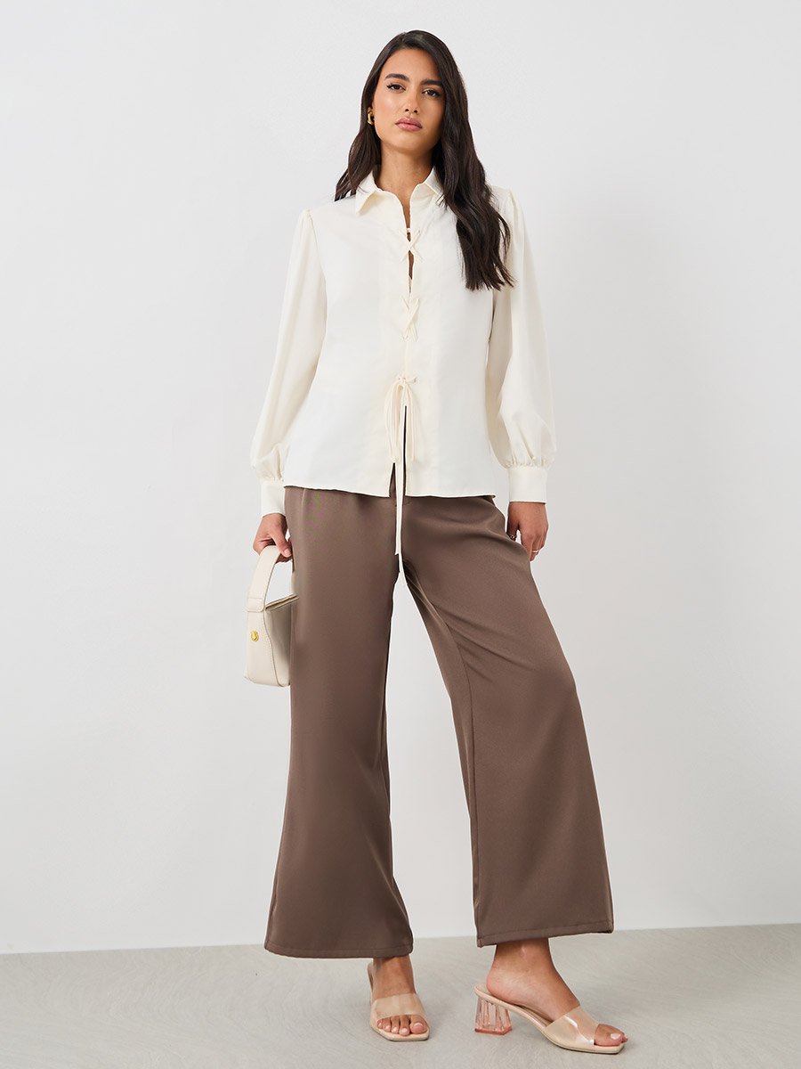 Solid Balloon Sleeve Front Tie-Up Detail Shirt