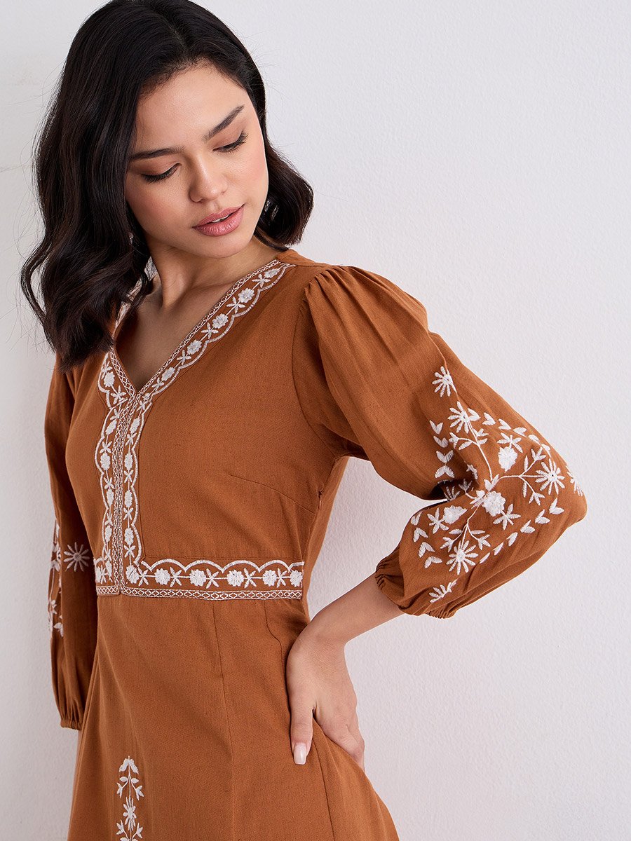 Embroidered Balloon Sleeve A-Line Midi dress For Women at UAE | Styli