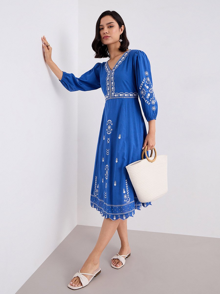 sachin and babi light blue dress Navy Blue Floral Embroidered Cotton Dress  Label Mantra