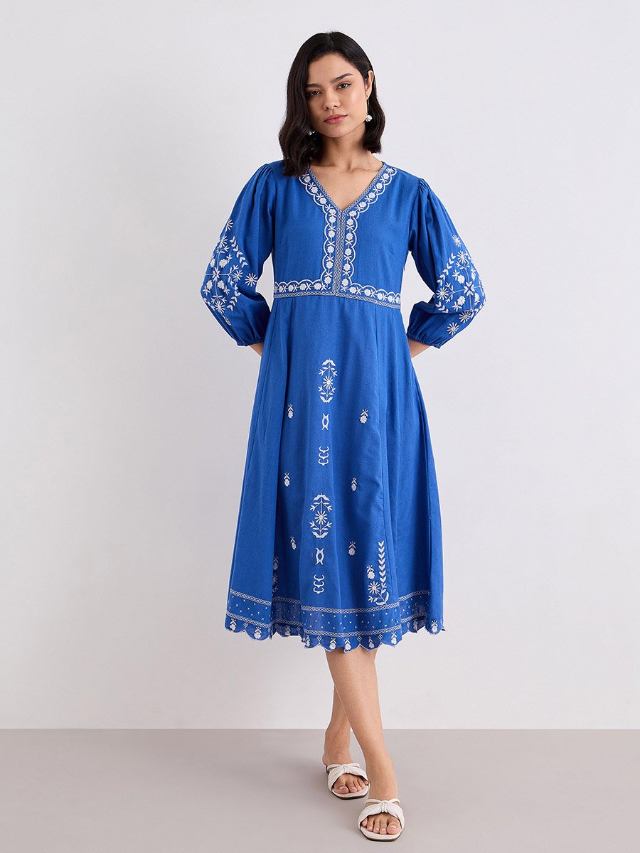 Embroidered Balloon Sleeve A-Line Midi dress For Women at UAE | Styli