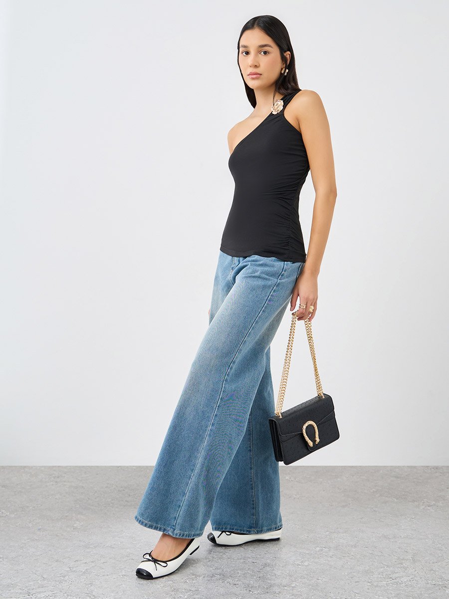 Brooch Decor One Shoulder Fitted Top