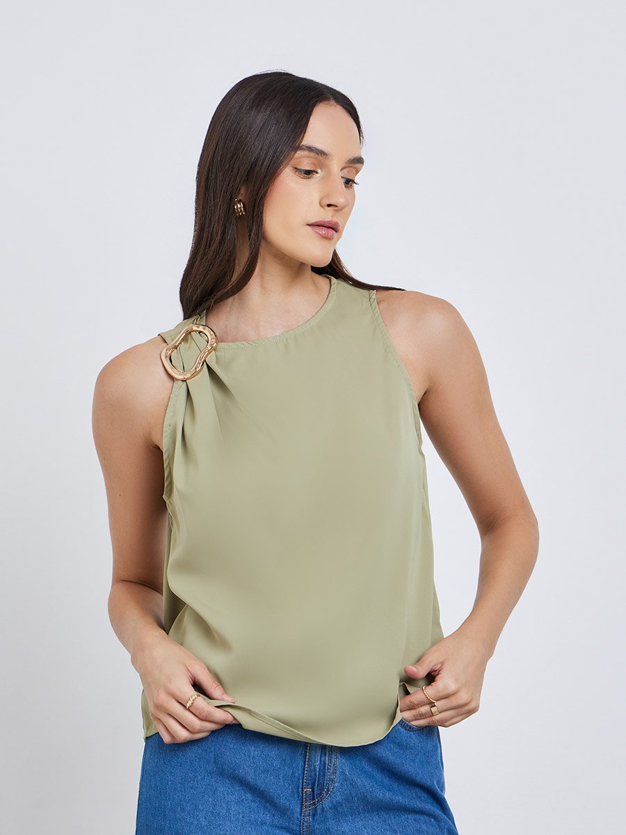 Green Sleeveless Blouse with Buckle Detail
