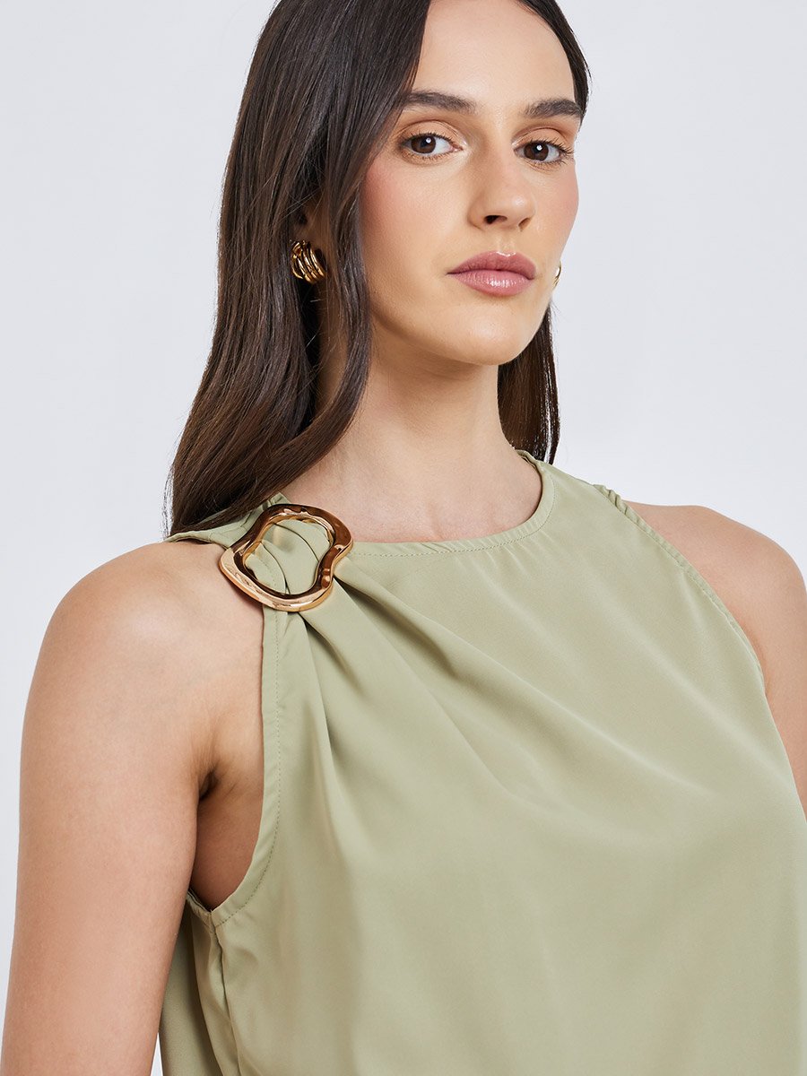 Green Sleeveless Blouse with Buckle Detail