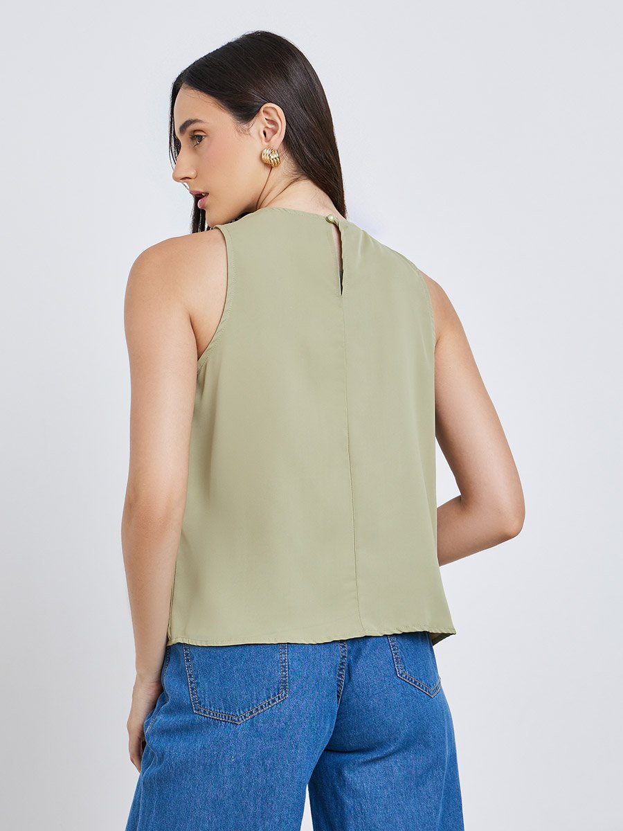 Green Sleeveless Blouse with Buckle Detail