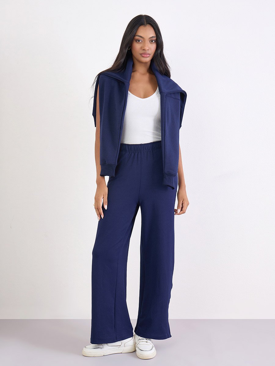 Navy Wide Leg Joggers with Side Taping Detail