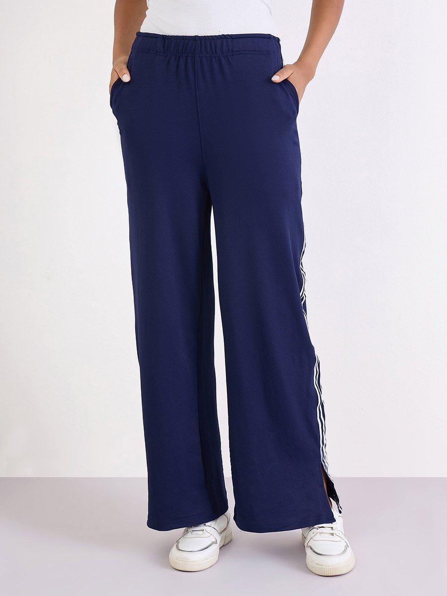Navy Wide Leg Joggers with Side Taping Detail