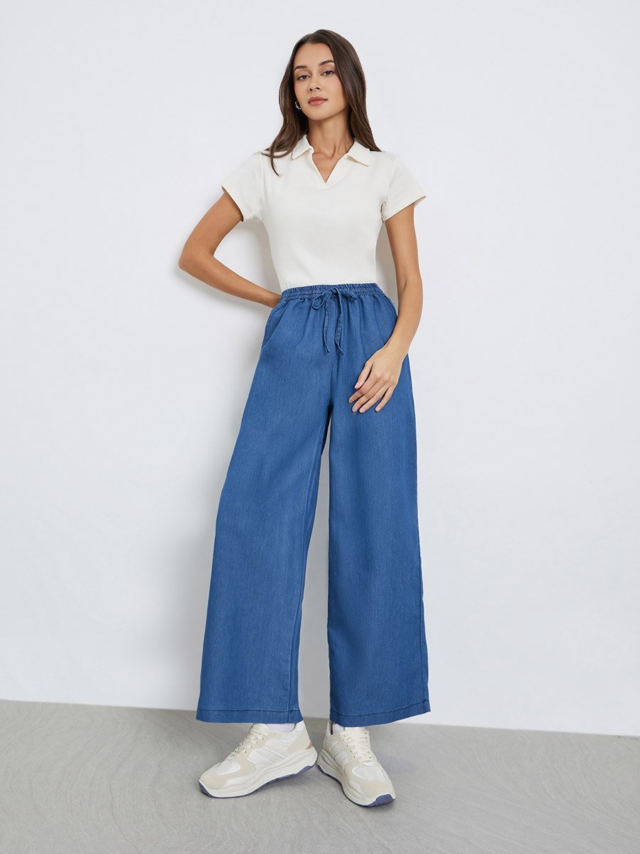 Blue Denim Look Wide Leg Pants