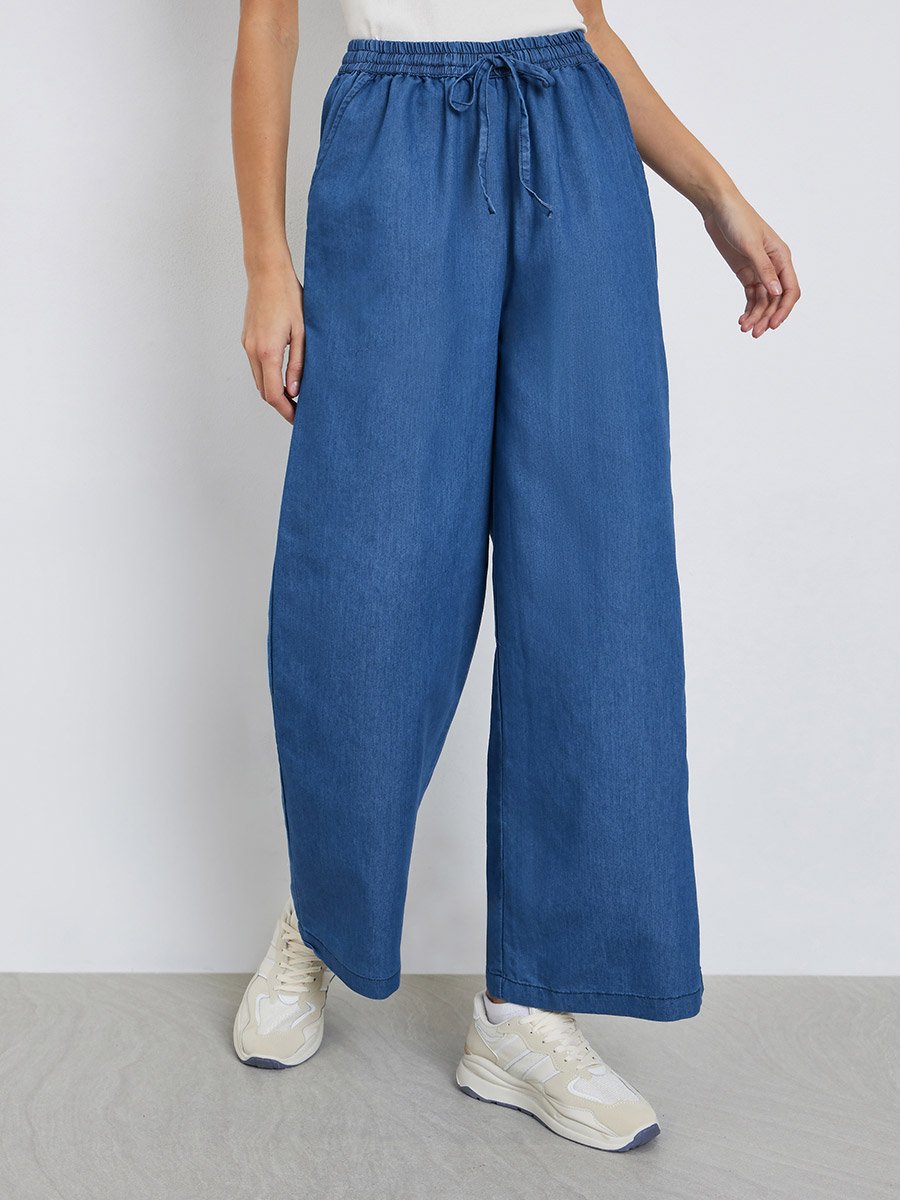 Blue Denim Look Wide Leg Pants
